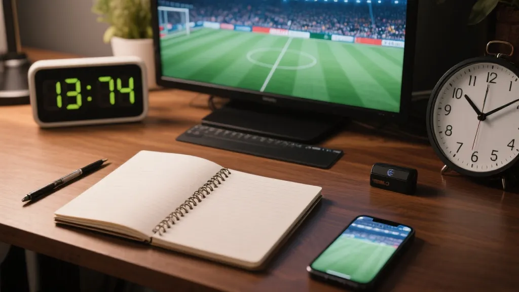 桌面上的观赛准备，包括设备和赛程表