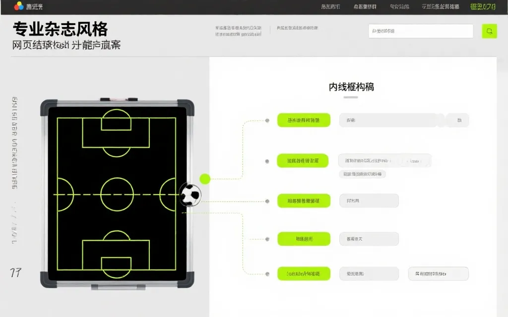 足球战术板风格的网页首屏设计草图，突出标题结构与内链模块