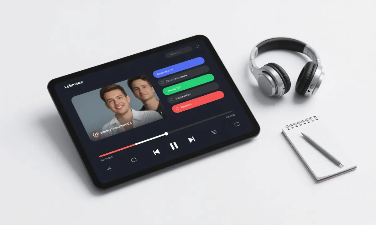 多语言解说设置界面与字幕观赛场景，简洁清晰的UI风格